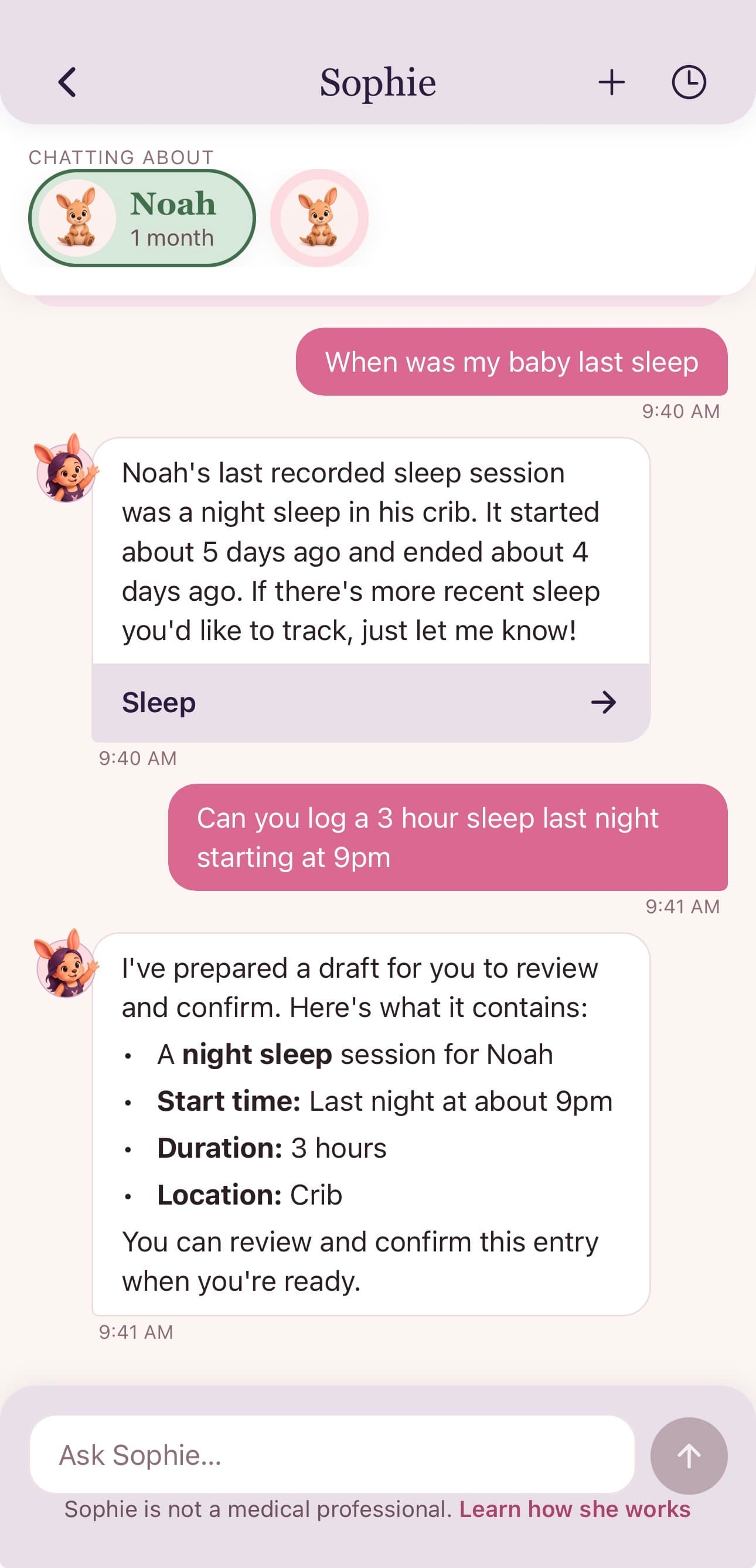 Chatting with Sophie, the in-app AI mom-coach